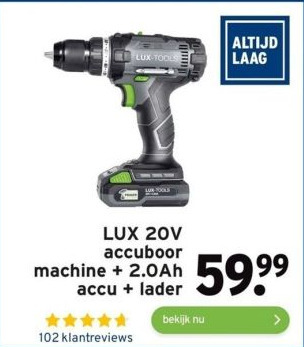 GAMMA Lux 20v accuboor machine + 2.0ah accu + lader aanbieding