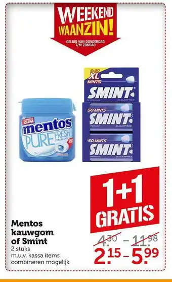 Coop Mentos kauwgom of smint 1+1 gratis aanbieding