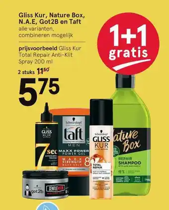 Etos Gliss Kur, Nature Box, N.A.E, Got2B En Taft 1+1 Gratis aanbieding