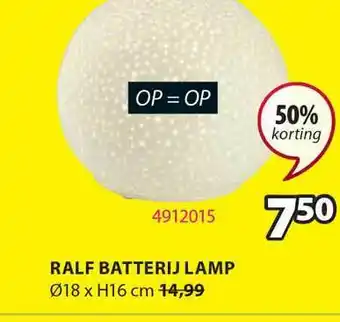 Jysk Ralf Batterij Lamp Ø18 X H16 Cm 50% Korting aanbieding