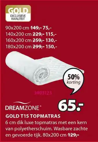 Jysk Dreamzone Gold T15 Topmatras 50% Korting aanbieding