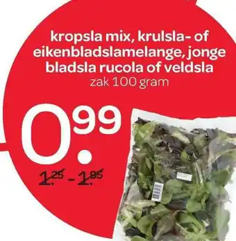 Spar Kropsla Mix, Krulsla- Of Eikenbladslamelange, Jonge Bladsla Rucola Of Veldsla 100g aanbieding