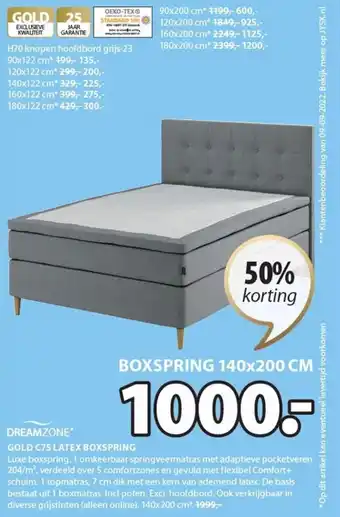 Jysk Dreamzone gold C75 latex boxspring 140x200CM aanbieding