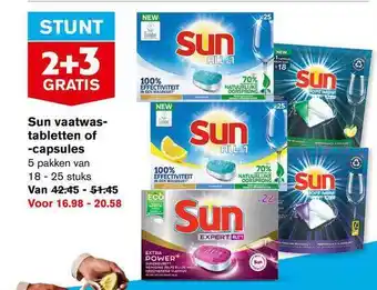 Hoogvliet Sun vaatwastabletten of -capsules 2+3 gratis aanbieding