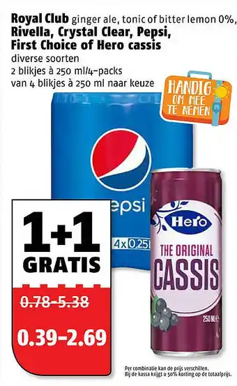 Poiesz Royal Club, Rivella, Crystal Clear, Pepsi, First Choice of Hero cassis aanbieding