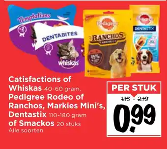 Vomar Voordeelmarkt Catisfactions of Whiskas, Pedigree Rodeo of Ranchos, Markies Mini's, Dentastix of Smackos 20 stuks aanbieding