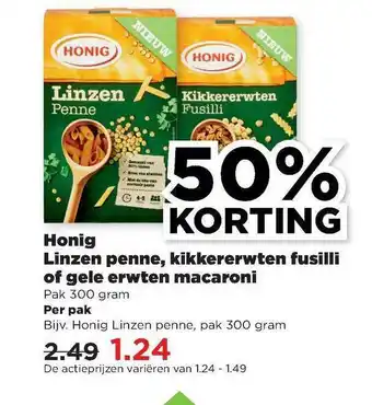 PLUS Honig Linzen Penne, Kikkererwten Fusilli Of Gele Erwten Macaroni 50% Korting 300g aanbieding