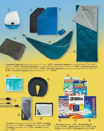 Etos Decathlon Quechua, Decathlon Nabaiji, Sundaze Reisflesjes En Toilettas, USB Kabel, Oogmasker Of Toilettas, Monopoly Reisspel, aanbieding