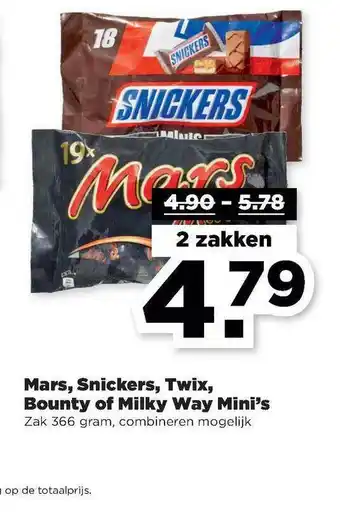 PLUS Mars, Snickers, Twix, Bounty Of Milky Way Mini's 366g aanbieding