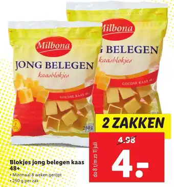 Lidl Milbona Blokjes jong belegen kaas 48+ 2*250g aanbieding