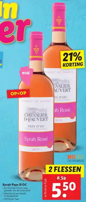 Lidl Chevalier De Fauvert Pays d'Oc Syrah Rose 2*750ml aanbieding