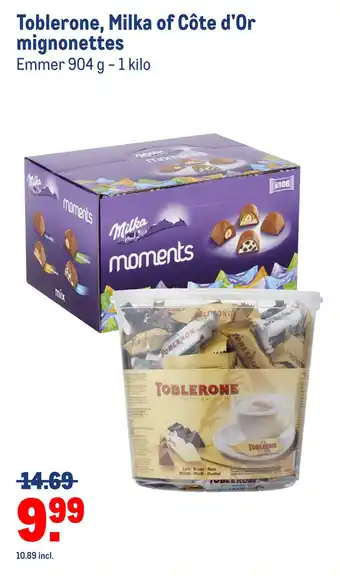 Makro Toblerone, milka of côte d'or mignonettes aanbieding