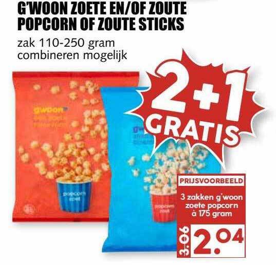 G'woon zoete enof zoute popcorn of zoute sticks 2+1 gratis aanbieding