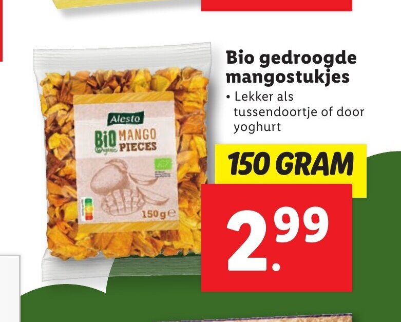Alesto Bio gedroogde mangostukjes 150 gram aanbieding bij Lidl