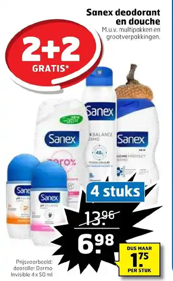 Trekpleister Sanex Deodorant en Douche 4 Stuks aanbieding