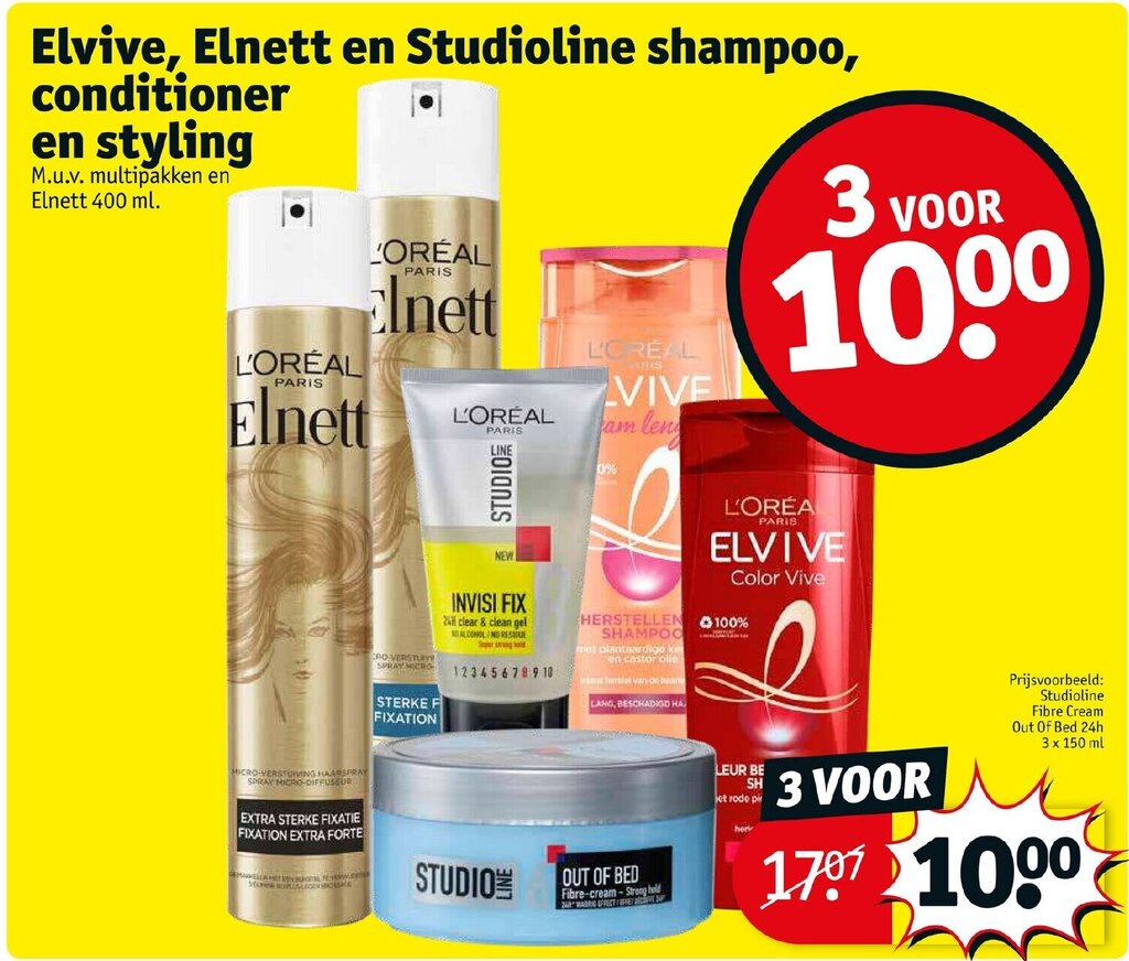 Elvive, en studioline shampoo, conditioner en styling aanbieding
