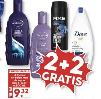 MCD Supermarkt 4 Flacons andrélon men shampoo hair & body 2+2 Gratis aanbieding