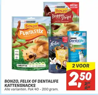 Dekamarkt Bonzo, Felix of dentalife kattensnacks aanbieding