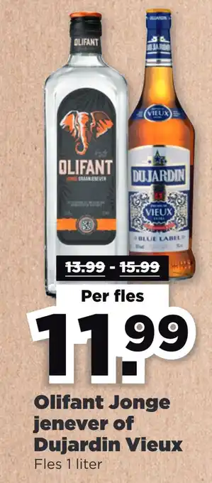 PLUS Olifant jonge jenever of dujardin vieux fles 1 liter aanbieding