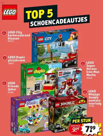 Kruidvat Lego city barbecuebrand blussen, lego duplo pizzakraam, lego friends ijskar, lego super heroes iron man mecha of lego ninjago aanbieding