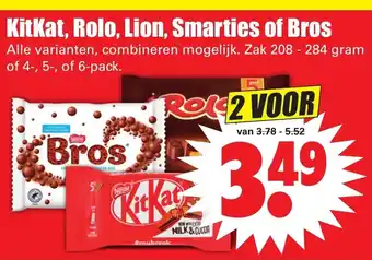 Dirk KitKat, Bros, Lion, Rolo of Smarties 2*208-284g/4-/5-/6-pack aanbieding