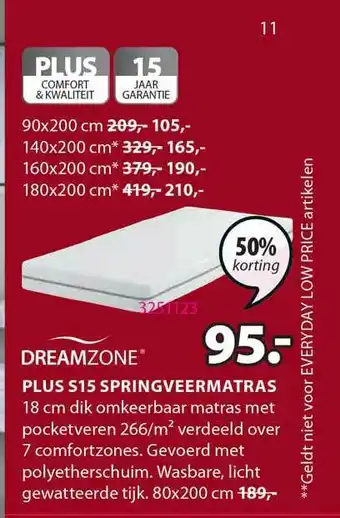 Jysk Dreamzone Plus S15 Springveermatras 50% Korting aanbieding