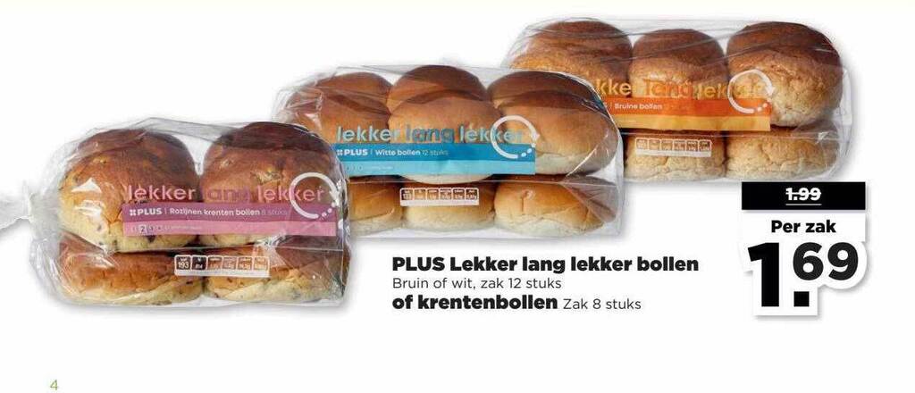 Plus lekker lang lekker bollen of krentenbollen aanbieding bij PLUS