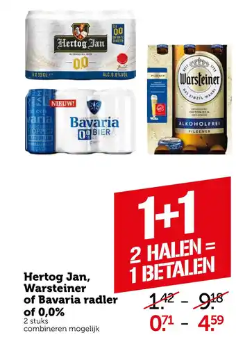 Coop Hertog Jan, Warsteiner of Bavaria radler of 0,0% aanbieding