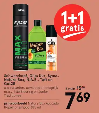 Etos Schwarzkopf, Gliss Kur, Syoss, Nature Box, N.A.E., Taft en Got2B 385 ml aanbieding