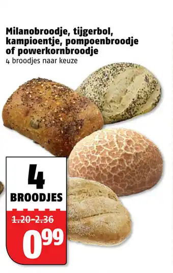 Poiesz Milanobroodje, tijgerbol, kampioentje, pompoenbroodje of powerkornbroodje 4 st aanbieding