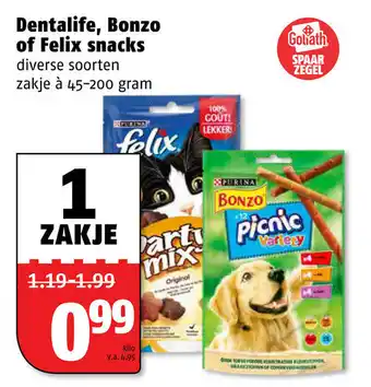 Poiesz Dentalife, Bonzo of Felix snacks 45-200 gr aanbieding