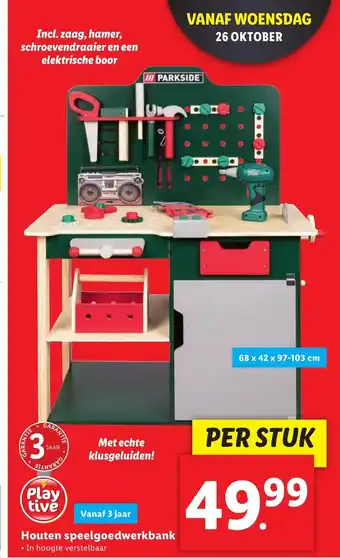 Lidl Houten speelgoedwerkbank 68 x 42 x 97-103 cm aanbieding