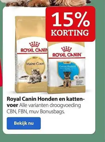 Boerenbond Royal canin honden en kattenvoer 15% korting aanbieding