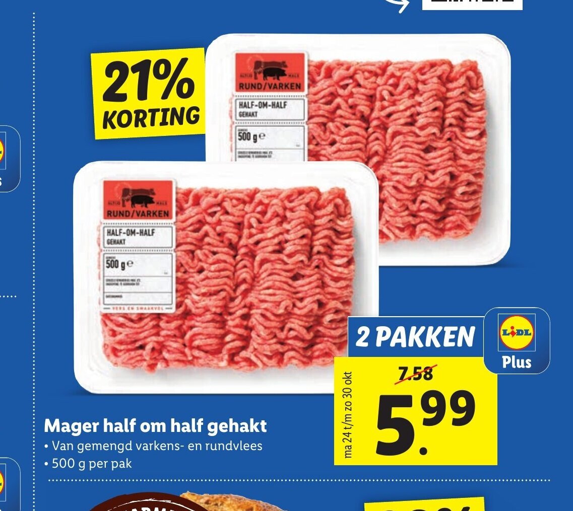 Mager half om half gehakt 2 pakken aanbieding bij Lidl