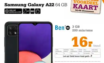 Telecombinatie Samsung Galaxy A22 64 GB Ben 3 GB 200 min aanbieding