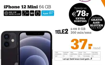 Telecombinatie iPhone 12 Mini 64 GB Tele 2 8GB 200 min/sms aanbieding