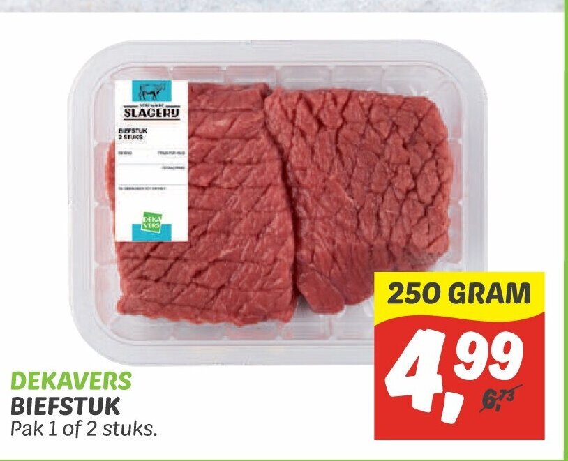 Dekavers Biefstuk pak 1 of 2 stuks 250 gram aanbieding bij Dekamarkt