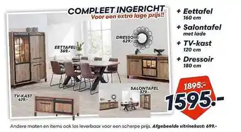 Matrasconcurrent Compleet ingericht + eettafel 160 cm + salontafel met lade + tv-kast 120 cm + dressoir 180 cm aanbieding