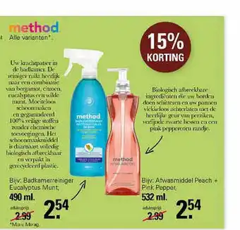 De Online Drogist Method badkamerreiniger eucalyptus munt of afwasmiddel peach + pink pepper 15% korting aanbieding