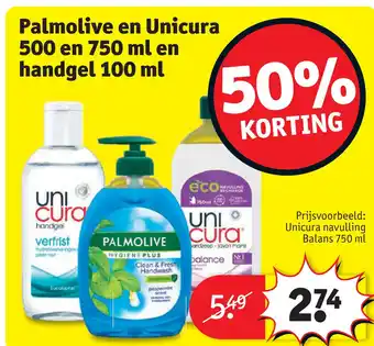 Kruidvat Palmolive en unicura 500 en 750 ml en handgel 100 ml aanbieding