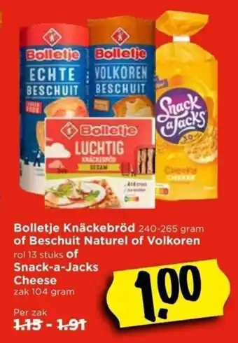 Vomar Voordeelmarkt Bolletje Knackebrod of Beschuit Naturel of Volkoren of Snack-a-Jacks Cheese aanbieding