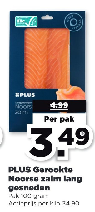 PLUS Plus gerookte noorse zalm lang gesneden aanbieding