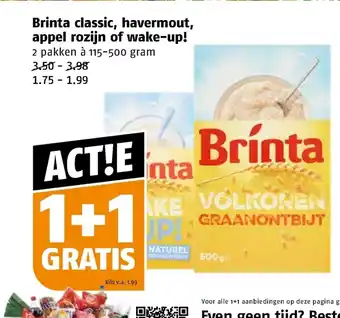 Poiesz Brinta classic, havermout, appel rozijn of wake-up! 2 pakken a 115-500 gram1+1 Gratis aanbieding