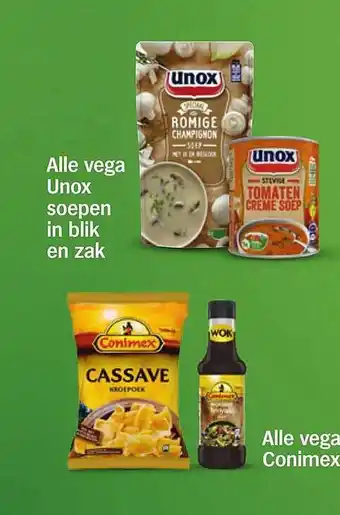 Albert Heijn Alle vega unox soepen in blik en zak of alle vegan conimex aanbieding