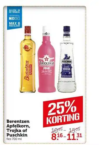 CoopCompact Berentzen apfelkorn, trojka of puschkin 25% korting aanbieding