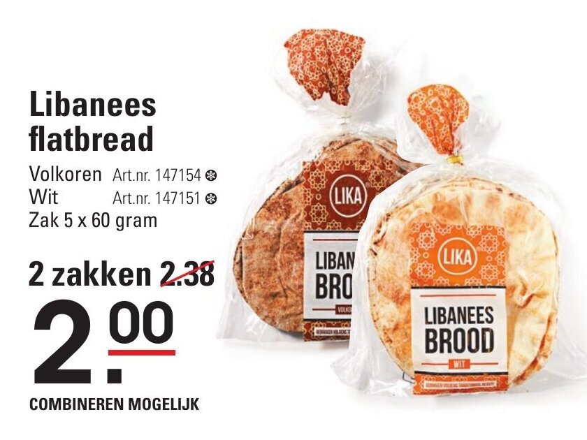 Libanees flatbread volkoren 5x60 gram art.nr. 147154 aanbieding bij Sligro