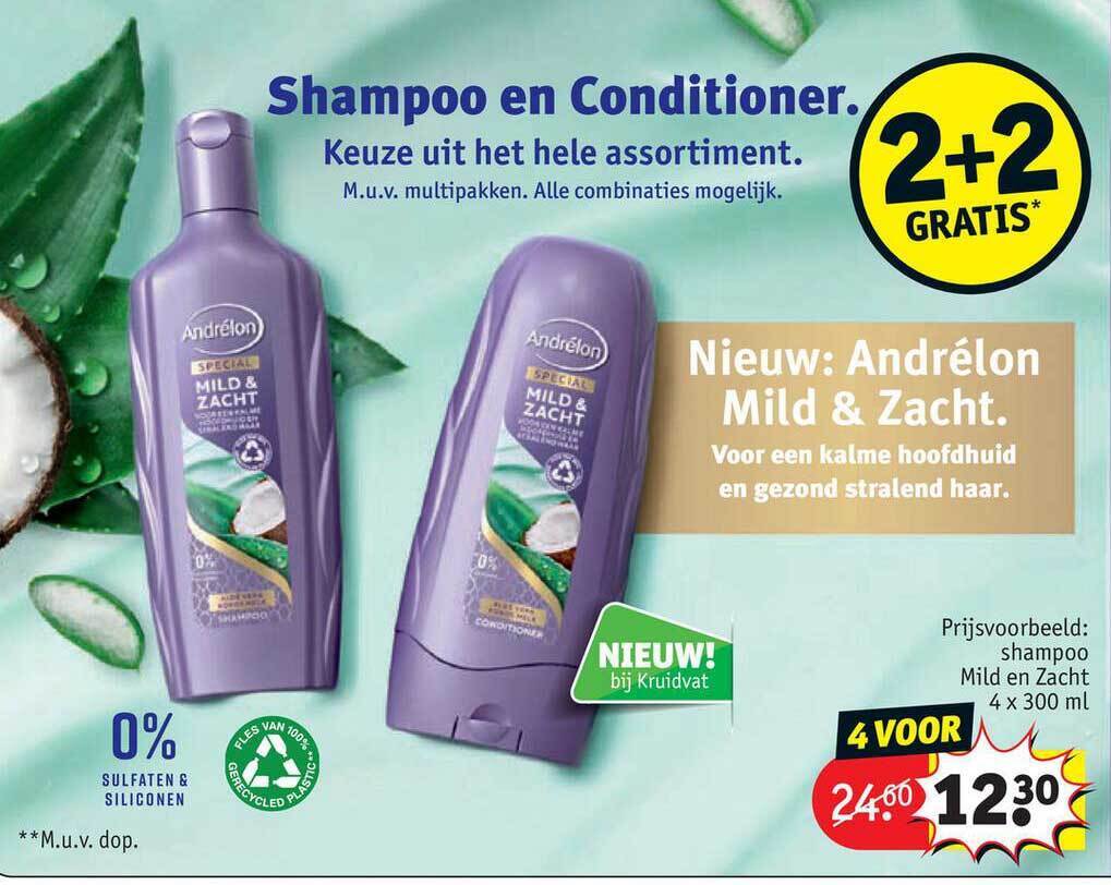 Andrélon shampoo mild en zacht 2+2 gratis aanbieding bij Kruidvat