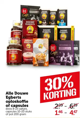 Coop Alle Douwe Egberts oploskoffie of capsules 200gram aanbieding