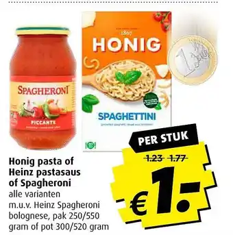 Boni Honig pasta of heinz pastasaus of spagheroni alle varianten m.u.v. heinz spagheroni bolognese, pak 250/550 gram of pot 300/52 aanbieding