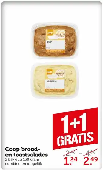 Coop Brood-en toastsalade 150 gram 1+1 gratis aanbieding